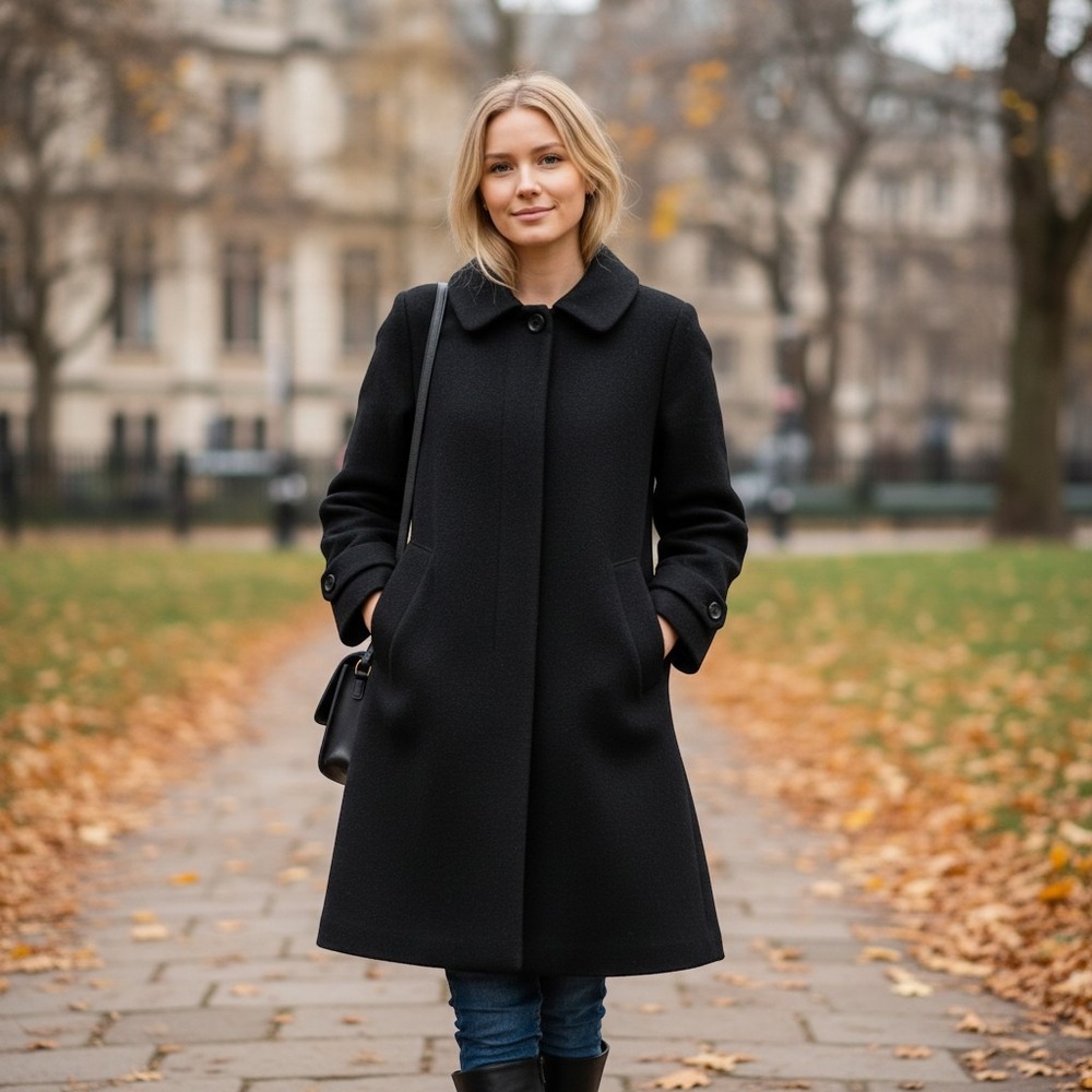 Appleseed's Black Wool Blend Fuzzy Button Front Coat Peter Pan Collar Petite 12P